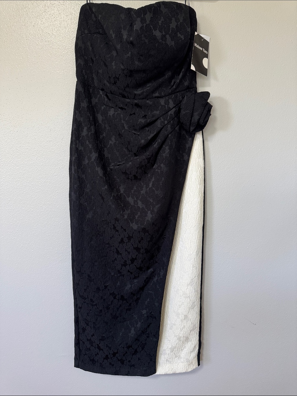 Maison Tara Black Strapless Lace Dress with White Side Panel